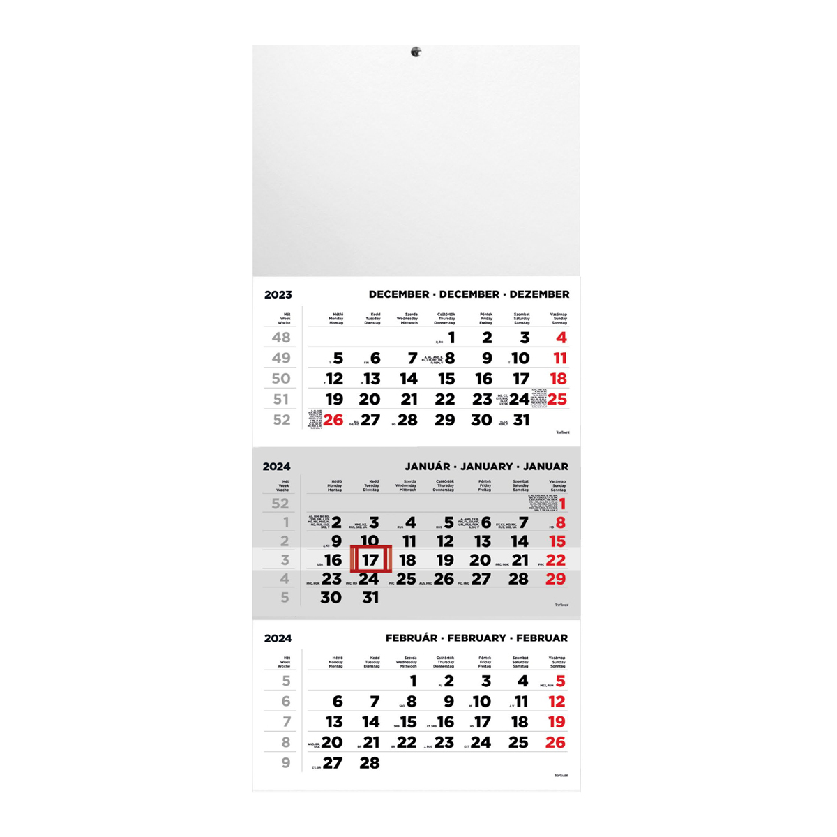 T072, 1 tömbből álló 3 havi speditőr naptár - Üres, nyomtatható fejrésszel